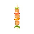 Slices of meat with vegetables on a wooden skewer. Vector illustration on white background.