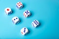 cubes with numbers on a blue background. dice Royalty Free Stock Photo