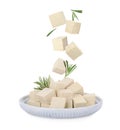 Cubes of raw tofu falling into plate on white background Royalty Free Stock Photo