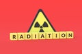 Cubes with word radiation near sign of toxic hazard on red background