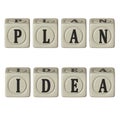 Cubes with the words `Idea`, `Plan`, on a white background. 3D rendering. Finance concept. Blank for design.