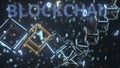 BLOCKCHAIN text and cubic chain and binary numbers. Cryptocurrency concept, 3D rendering Royalty Free Stock Photo