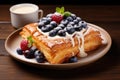 Cubic croissant with blueberries in a plate