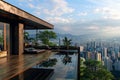 A cubic house with a rooftop infinity pool and cityscape views Royalty Free Stock Photo