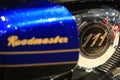 111 CUBIC INCHES. Gold inscription on engine of motorcycle Indian Roadmaster Elite 2018 blu and black. Close-up Royalty Free Stock Photo