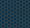 Art deco line art. Honeycomb grid pattern in gold and blue color. Decorative seamless background.