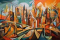 cubism-inspired painting of abstract cityscape, with buildings and bridges bursting with energy