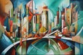 cubism-inspired painting of abstract cityscape, with buildings and bridges bursting with energy