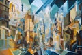 cubism-inspired painting of a busy city street, with the different perspectives and angles creating a dizzying effect