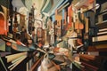 cubism-inspired painting of a busy city street, with the different perspectives and angles creating a dizzying effect