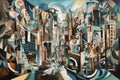 cubism-inspired painting of a busy city street, with the different perspectives and angles creating a dizzying effect