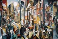 cubism-inspired painting of a busy city street, with the different perspectives and angles creating a dizzying effect