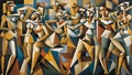 cubist abstract painting of a group of female dancers in performance