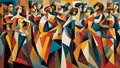 cubist abstract painting of a group of women in old fashioned fashionable clothes