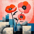 Cubist Cityscapes: Three Poppies Above An Orange And Gray Structure Royalty Free Stock Photo