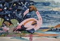 A Cubist drawing of a flamingo, depicted in minimalist analytical style, features sparse, unconnected rough lines of varying