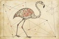 A Cubist drawing of a flamingo, depicted in minimalist analytical style, features sparse, unconnected rough lines of varying