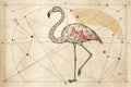 A Cubist drawing of a flamingo, depicted in minimalist analytical style, features sparse, unconnected rough lines of varying
