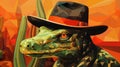 Cubist-inspired Digital Art: Reptile In A Cowboy Hat