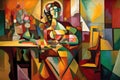 cubist painting, with bold colors and geometric shapes