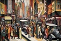 cubist painting of a busy city street, with people and cars rushing by