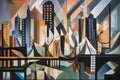 cubist painting of cityscape, with skyscrapers and bridges visible