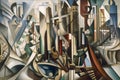 cubist painting of cityscape, with skyscrapers and bridges visible