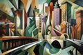 cubist painting of cityscape, with skyscrapers and bridges visible