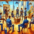 A cubist painting of employees playing a game of charades in