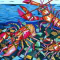 Cubist painting of lobsters on the ocean floor