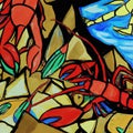 Cubist painting of lobsters on the ocean floor