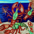 Cubist painting of lobsters on the ocean floor