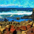 Cubist painting of rocky ocean shore