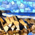Cubist painting of rocky ocean shore