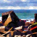 Cubist painting of rocky ocean shore