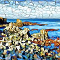 Cubist painting of rocky ocean shore