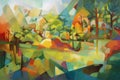 cubist painting of a serene landscape, with playful brushstrokes and vibrant colors