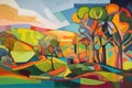 cubist painting of a serene landscape, with playful brushstrokes and vibrant colors