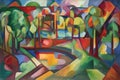 cubist painting of a serene landscape, with playful brushstrokes and vibrant colors