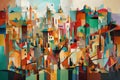 cubist painting of a vibrant cityscape, with buildings and people coming together in abstract form