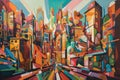 cubist painting of vibrant cityscape, with skyscrapers and bustling streets