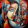 Cubist painting of a woman& x27;s face with dynamic, colorful shapes. AI generation