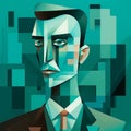 Cubist Portrait: Teal-toned Graphic Illustration Of A Man In A Tie