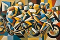 cubist style abstract painting of a group of bicycle racers