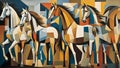 cubist style abstract painting of a group of horses in geometric shapes