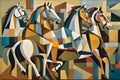 cubis abstract painting of a group of running horses in geometric shapes