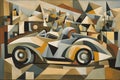 cubist abstract painting of an old fashioned racing car surrounded by geometric shapes