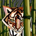 Cubist tiger hiding in bamboo
