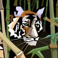 Cubist tiger hiding in bamboo