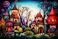 Cubist, zentangle, geometric image of fairy village in springtime. Complimentary, vibrant colors